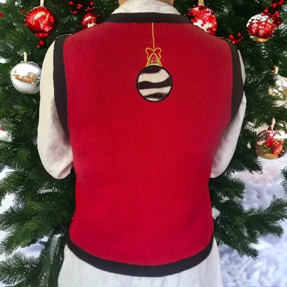 Animal Print Cheetah Zebra Christmas Ornament Zipper Sweater Vest Small Vintage - Picture 3 of 11